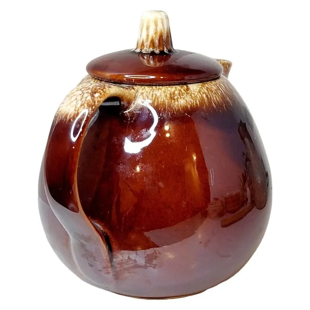 Vintage Hull Pottery Brown Drip Ball Shaped Tea Pot &‎ Lid Oven Proof USA 6 3/4